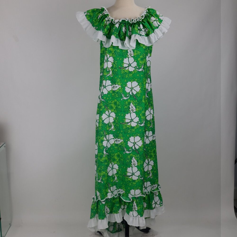 Vtg Hawaiian Green Tropical Floral Ruffled Long Train Dress Gown Island Resort